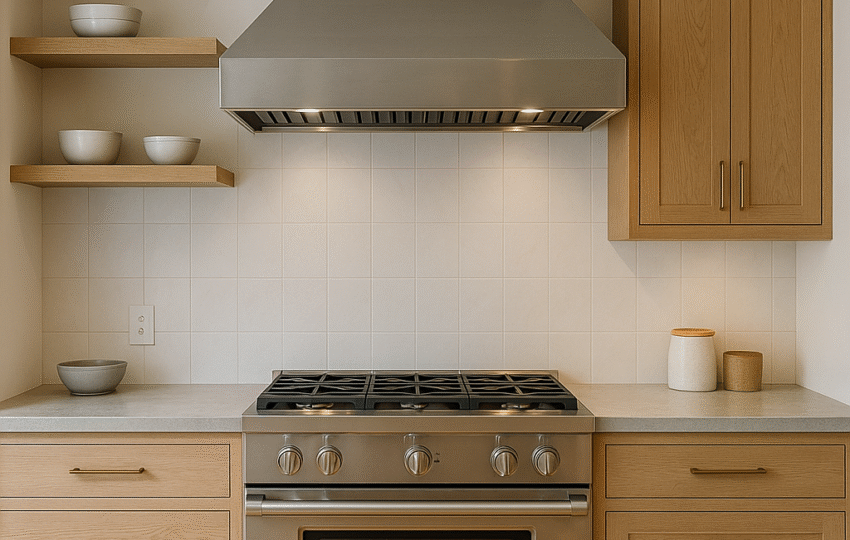 Modern kitchen featuring a stainless steel gas range with vent hood, oak cabinets, floating wood shelves, and a neutral tile backsplash designed by The Home X in Washington Crossing PA.