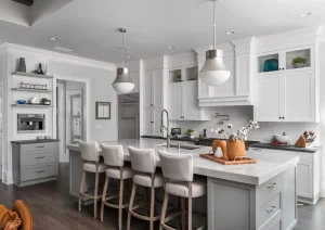 Princeton NJ kitchen with gray cabinets, large island, and wood-tone accents
