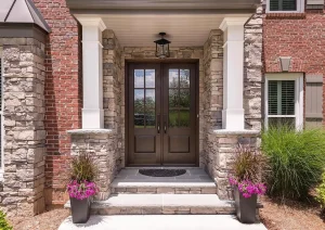 Covered front entry with stone columns, double glass doors, and potted flowers on a brick and stone home.
