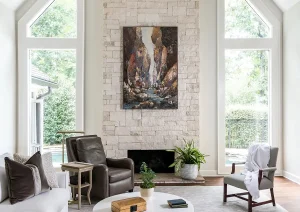 Bright and airy living room with cathedral ceiling, neutral decor, and a grand arched window.