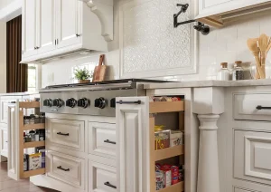 White kitchen cabinets with black hardware and built-in wine rack in Newtown, PA remodel.