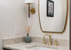 Quartz vanity with curved mirror, brass wall sconce, and dark cabinetry in luxury New Hope bathroom