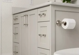 White vanity with chrome hardware, quartz counter, and soft neutral tile in New Hope, PA bathroom remodel